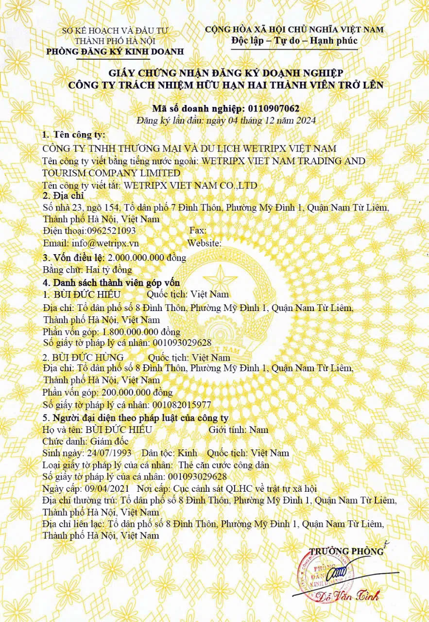 Giới Thiệu Wetripx Travel 3 Giấy phép đăng ký kinh doanh của Wetripx Travel