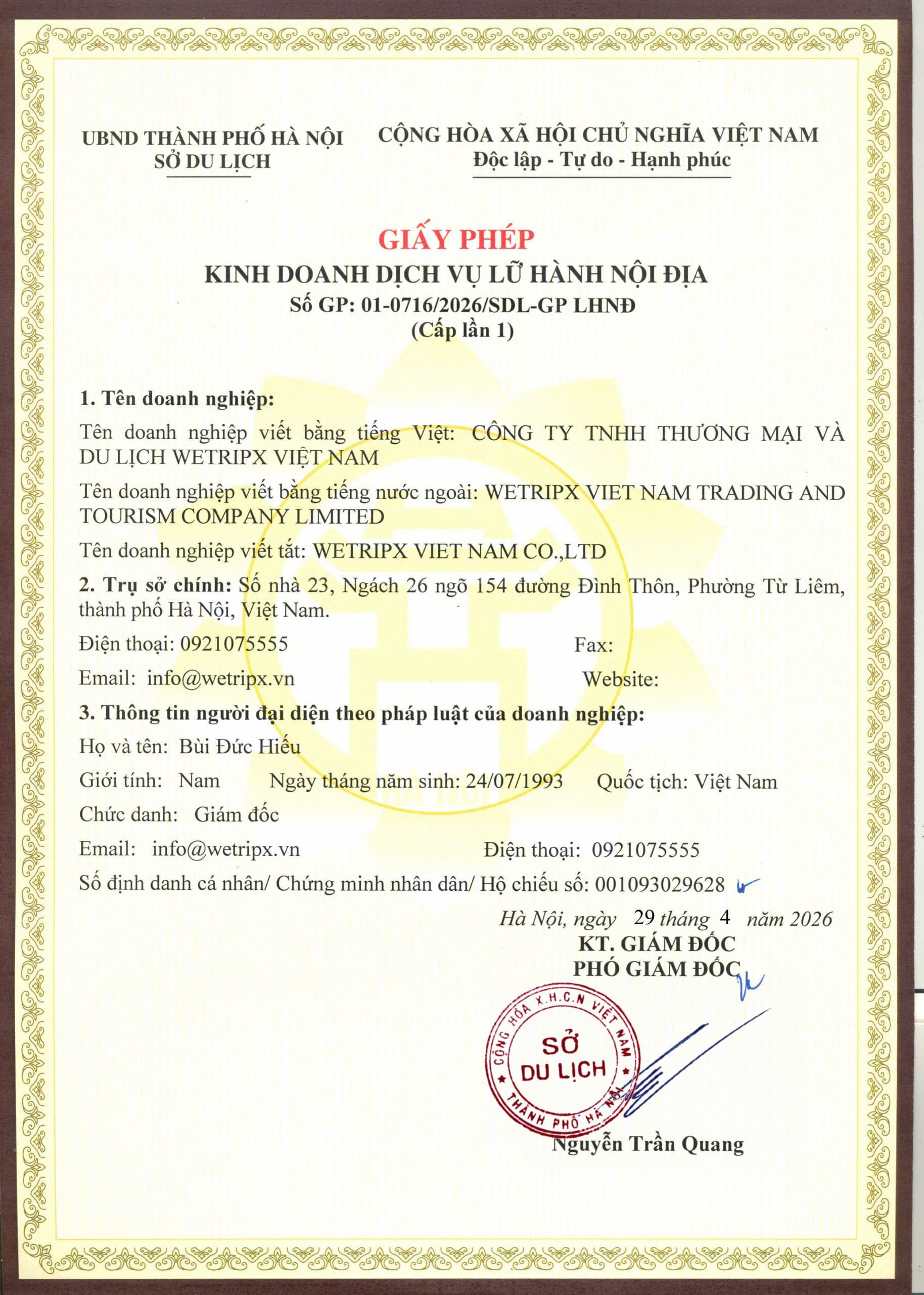 Giới thiệu 4 Giấy phép lữ hành nội địa Wetripx Travel